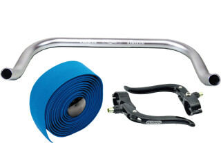 Bullhorn Fixie Singlespeed Lenker silber 400mm mit Bremshebel und Lenkerband blau