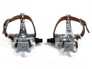 White Retro Bicycle Pedals with Retro Toe Clips and Single Leather Straps