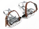 White Retro Bicycle Pedals with Retro Toe Clips and Single Leather Straps