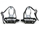 Black Race Bicycle Pedals with Retro Toe Clips with Single Nylon Belt