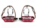 Red Race Bicycle Pedals with Retro Toe Clips and Single Leather Straps