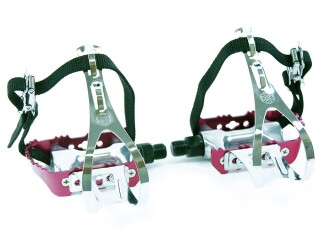 Red Race Bicycle Pedals with Retro Toe Clips and Single Nylon Belt