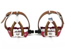 Red Race Bicycle Pedals with Retro Toe Clips with Leather and Leather Belt