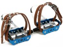 Blue Race Bicycle Pedals with Retro Toe Clips and Leather Double Strap