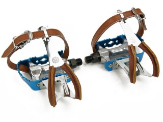 Blue Race Bicycle Pedals with Retro Leather Toe Clips and Leather Belt