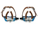 Blue Race Bicycle Pedals with Retro Leather Toe Clips and Leather Belt