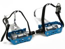 Blue Annodized Road Bike Aluminum Pedals with Toe Clips and Single Strap