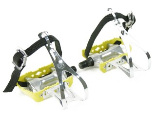 Yellow Road Bike Aluminum Pedals with Toe Clips and Single Strap