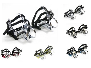 Road Bike Aluminum Pedals with Retro Toe Clips and Double Strap